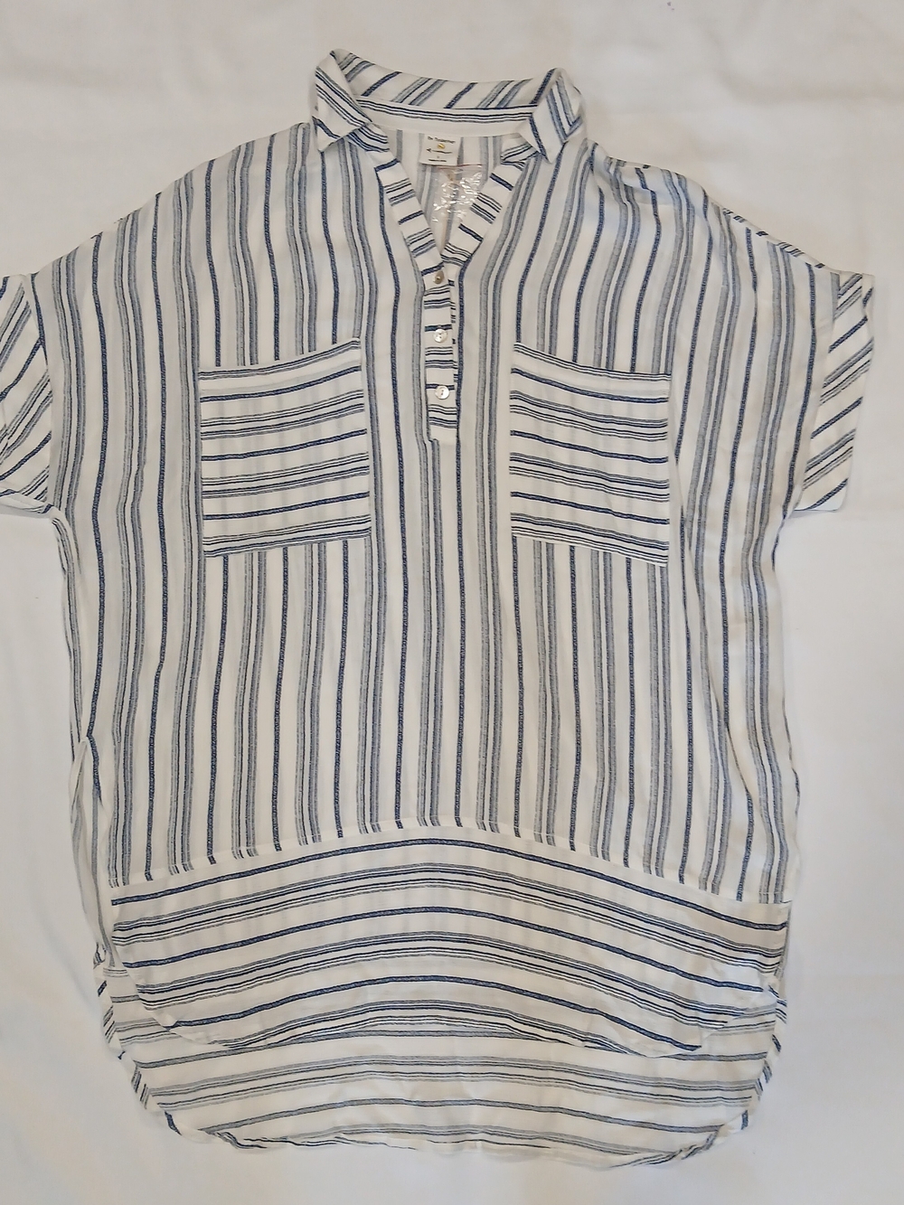 By Together Women's S Short Sleeve 1/4 Button Pullover Blouse Striped Blue White